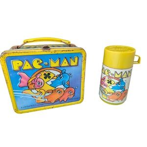 Vintage 1980 Pac-Man Metal Lunchbox and Thermos Set Aladdin Bally Midway Arcade